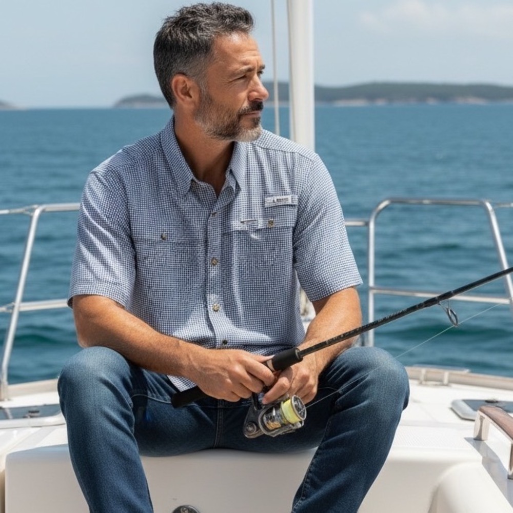 Habit Mens Blue Gingham Short Sleeve Fishing Shirt UPF 40+ Ventilated Large